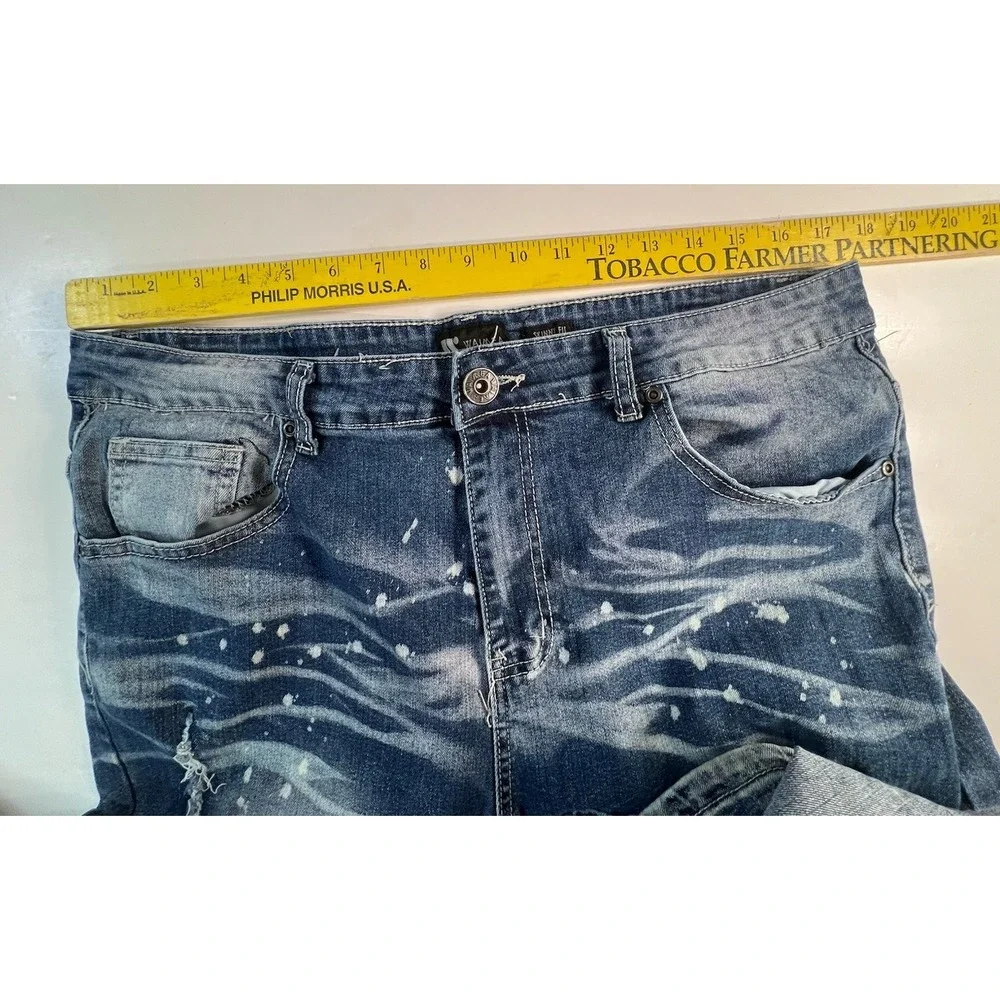 Waimea Jeans Mens Size 36x40 Blue‎ Skinny Fit Washed Denim Distressed Spotted